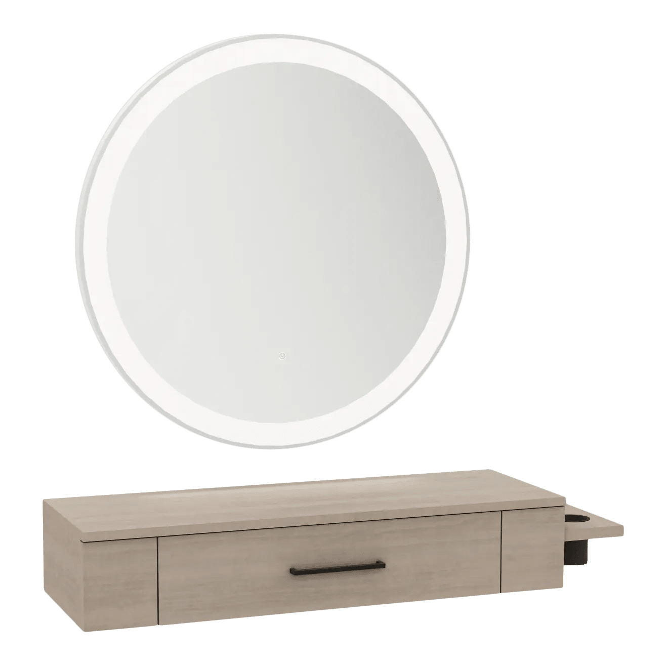 Nova Wall Mount Styling Station with Side-Mount Appliance Holder and Silver Round Glo Mirror - Kaemark