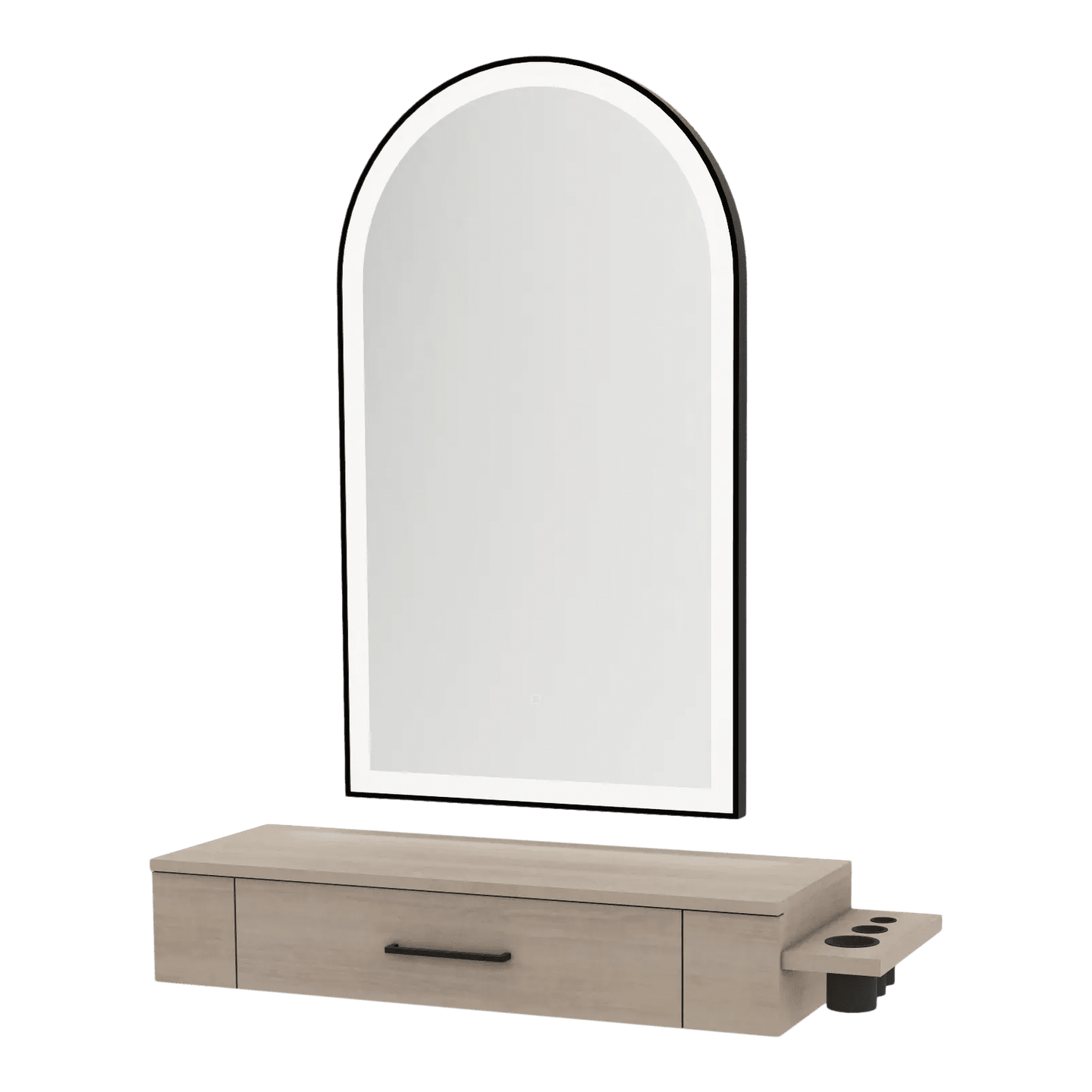 Nova Wall Mount Styling Station with Side-Mount Appliance Holder and Black Paloma Arch Mirror - Kaemark
