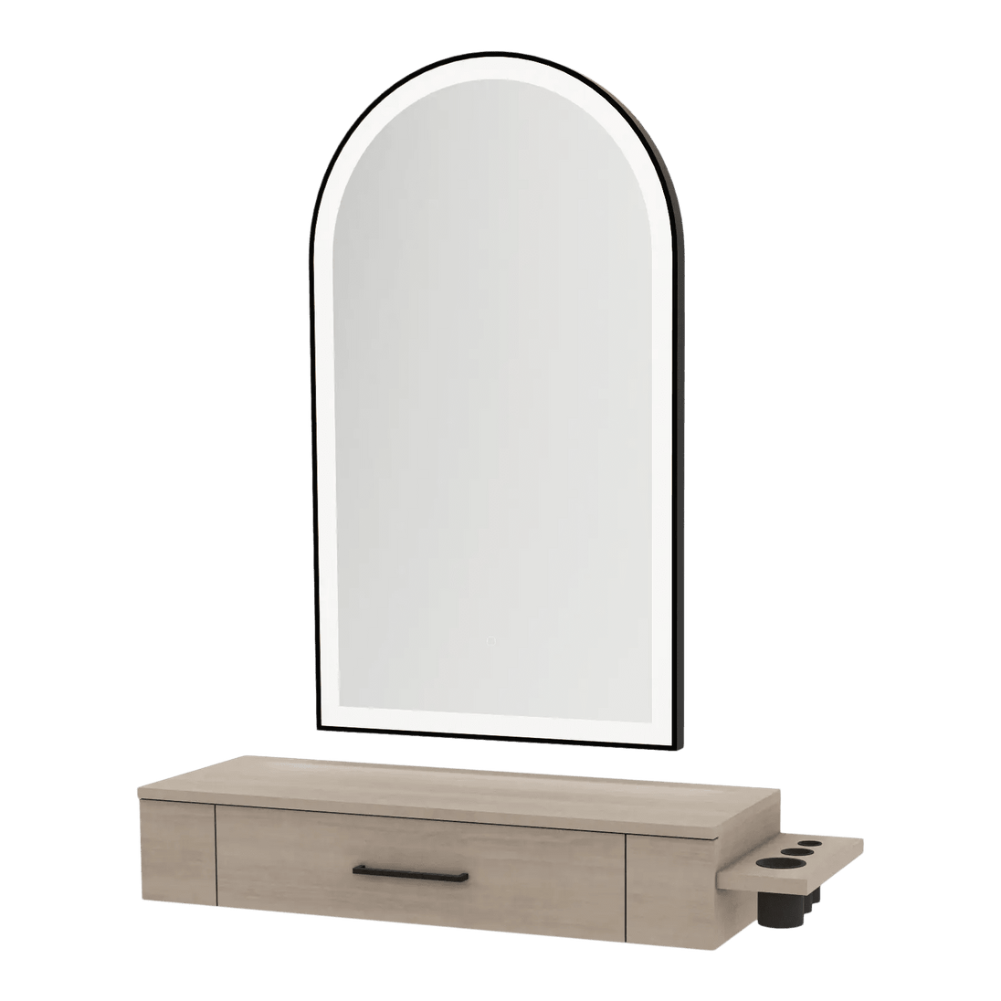 Nova Wall Mount Styling Station with Side-Mount Appliance Holder and Black Paloma Arch Mirror - Kaemark