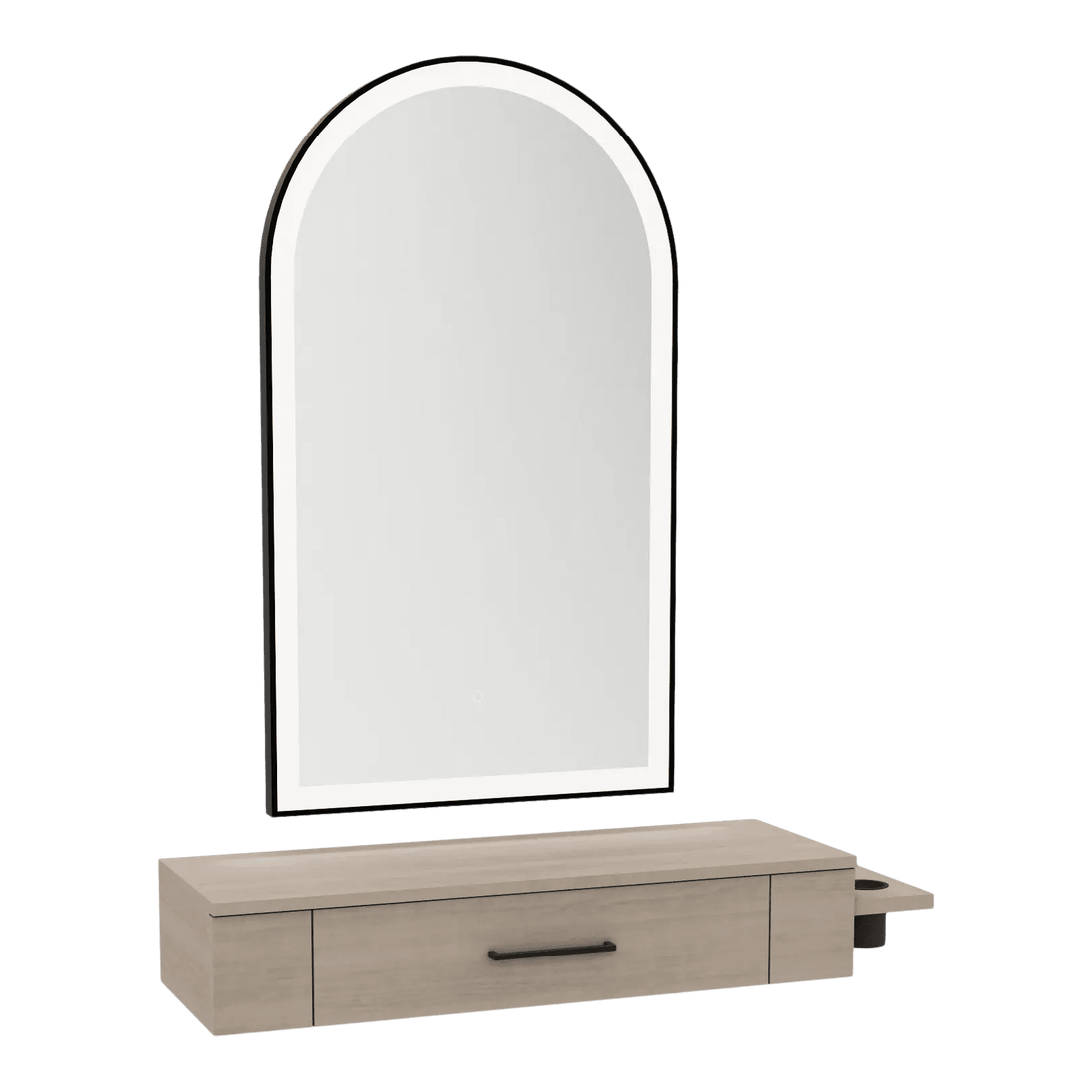 Nova Wall Mount Styling Station with Side-Mount Appliance Holder and Black Paloma Arch Mirror - Kaemark