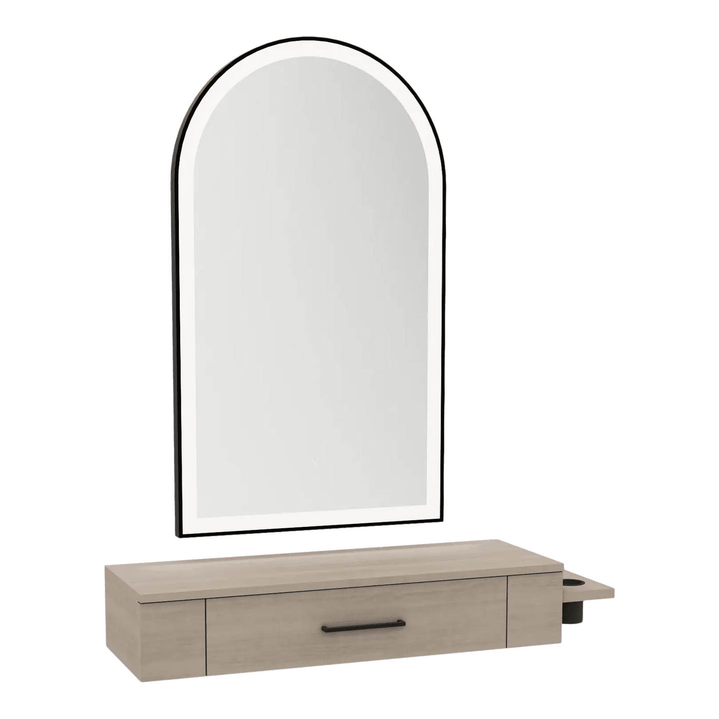 Nova Wall Mount Styling Station with Side-Mount Appliance Holder and Black Paloma Arch Mirror - Kaemark