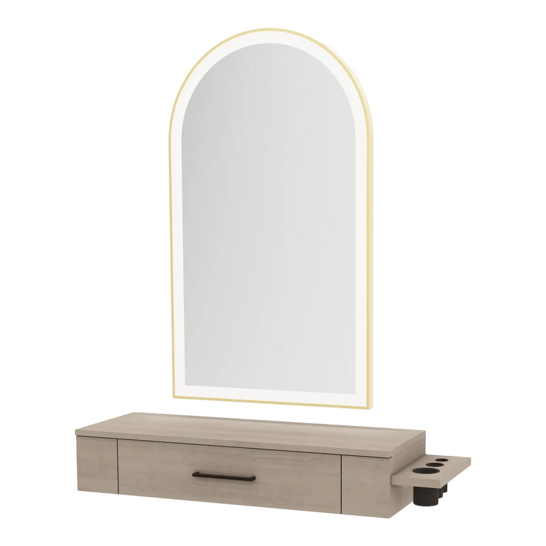 Nova Wall Mount Styling Station with Side-Mount Appliance Holder and Gold Paloma Arch Mirror - Kaemark