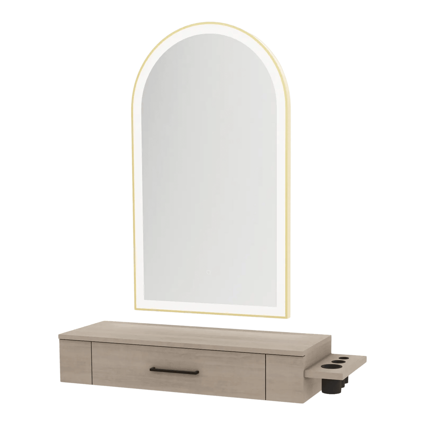 Nova Wall Mount Styling Station with Side-Mount Appliance Holder and Gold Paloma Arch Mirror - Kaemark
