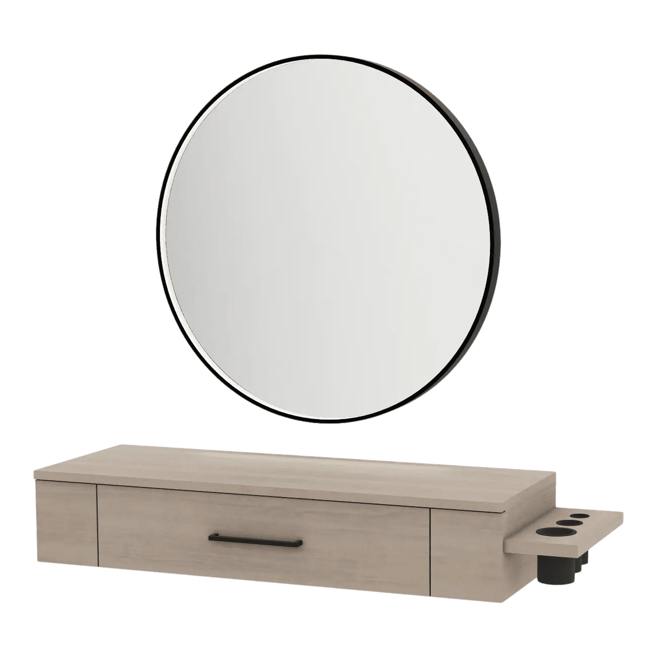 Nova Wall Mount Styling Station with Side-Mount Appliance Holder and Black Round Westin Mirror - Kaemark