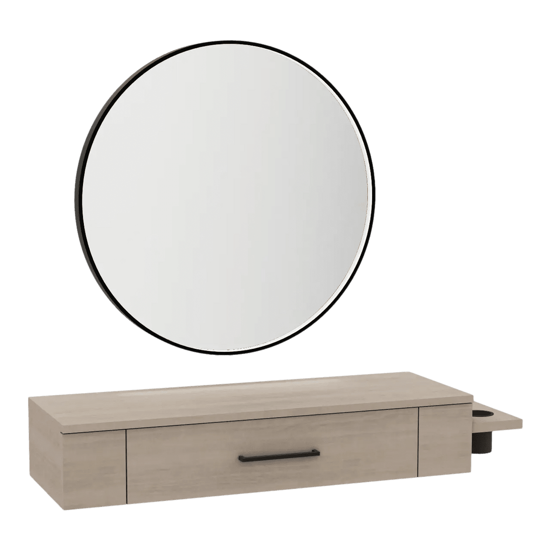 Nova Wall Mount Styling Station with Side-Mount Appliance Holder and Black Round Westin Mirror - Kaemark