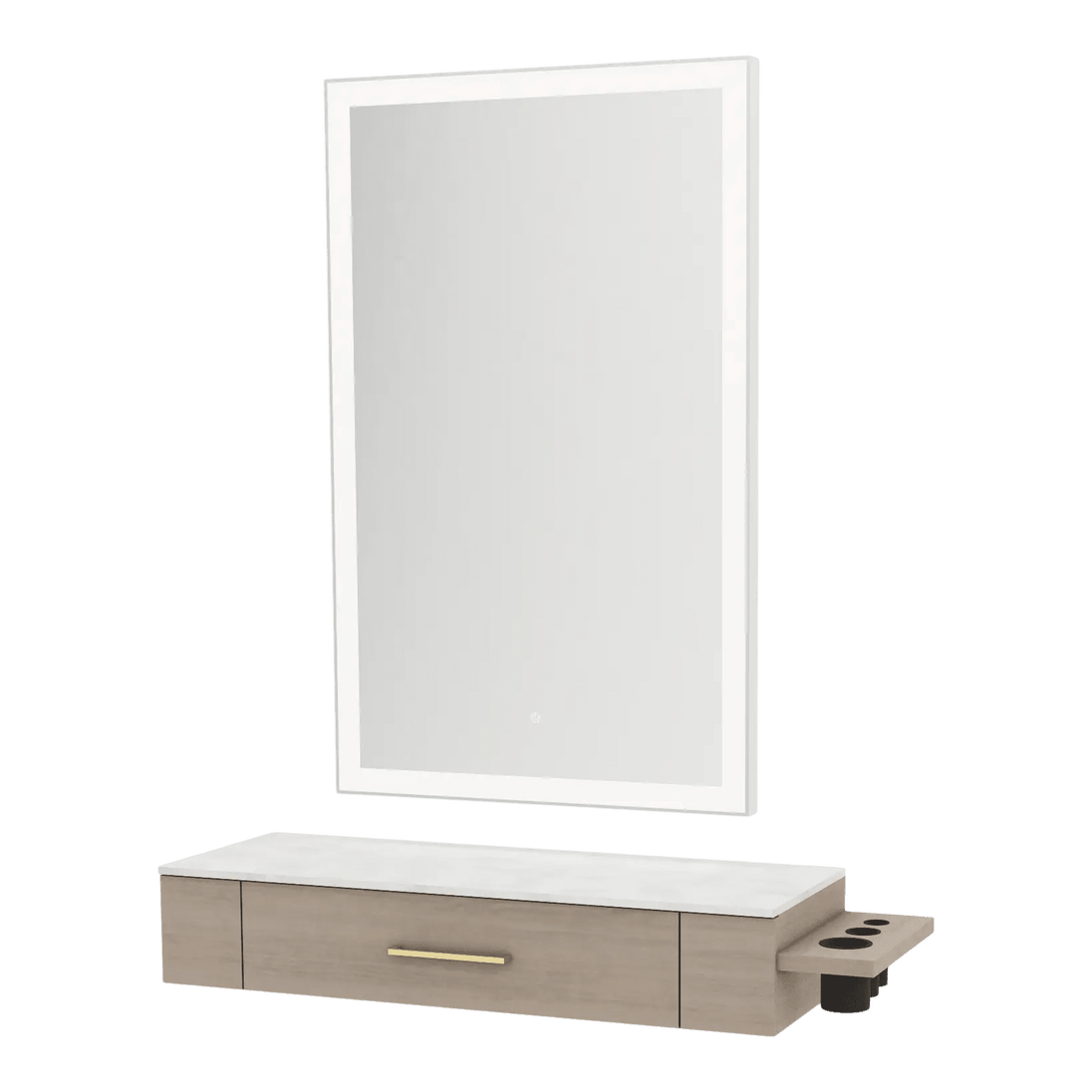 Nova Wall Mount Styling Station with Side-Mount Appliance Holder, Solid Surface Countertop and Silver Rectangle Glo Mirror - Kaemark