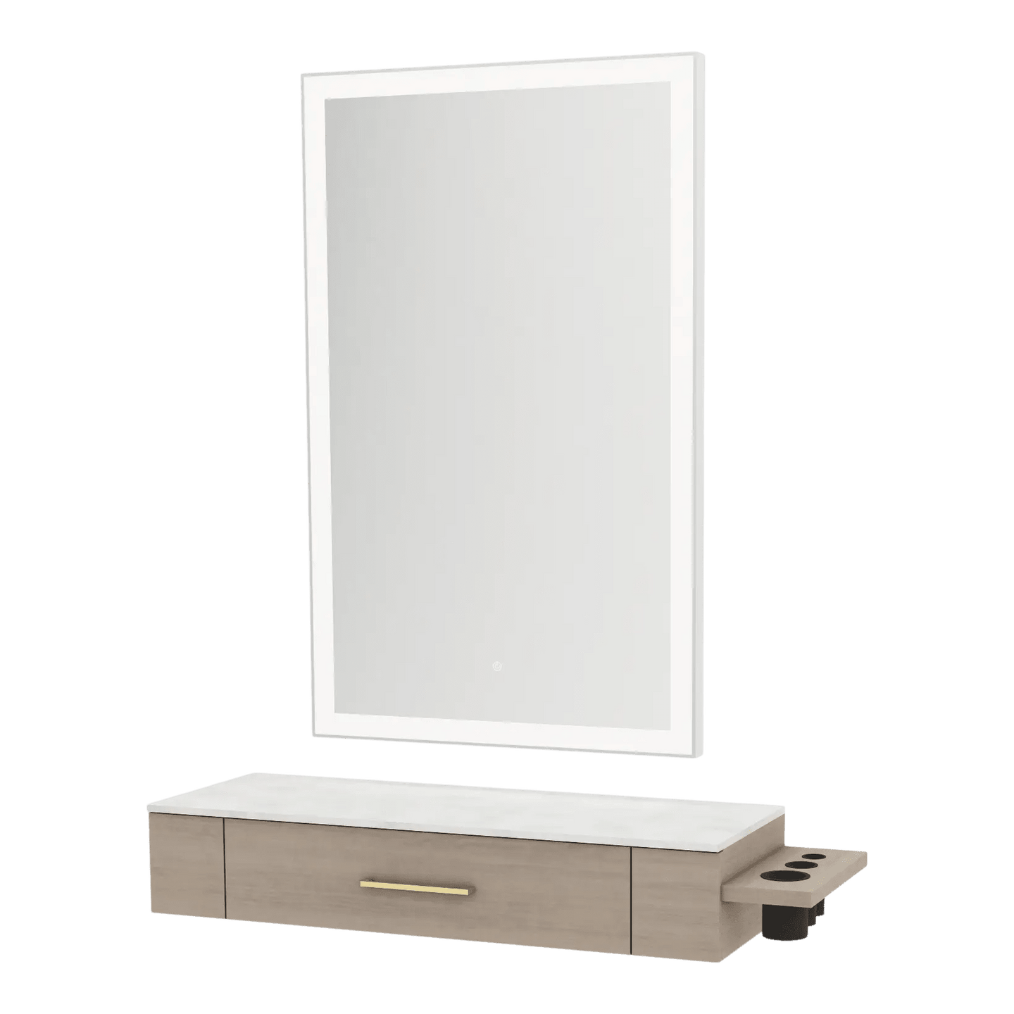 Nova Wall Mount Styling Station with Side-Mount Appliance Holder, Solid Surface Countertop and Silver Rectangle Glo Mirror - Kaemark