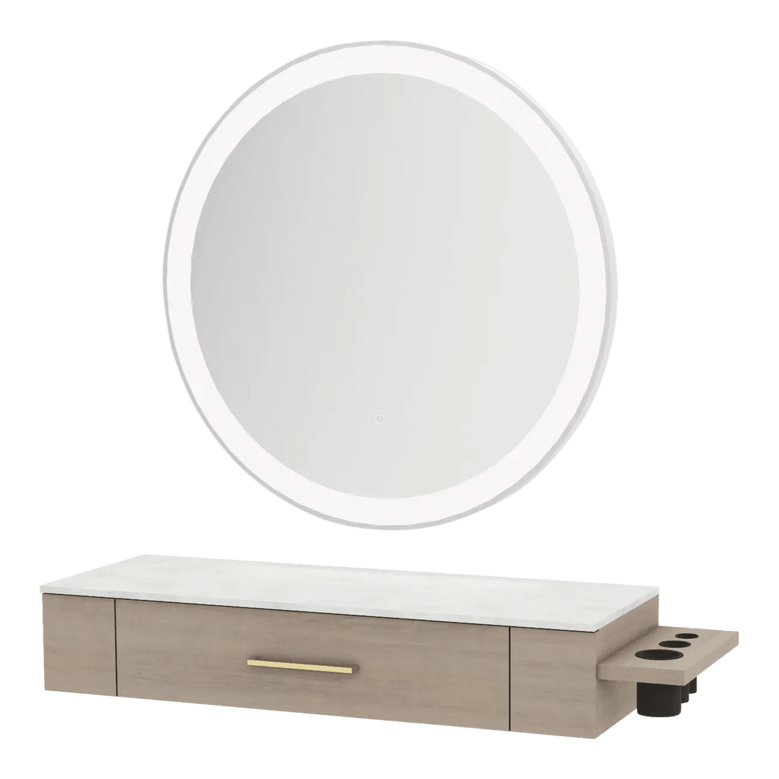 Nova Wall Mount Styling Station with Side-Mount Appliance Holder, Solid Surface Countertop, and Silver Round Glo Mirror - Kaemark