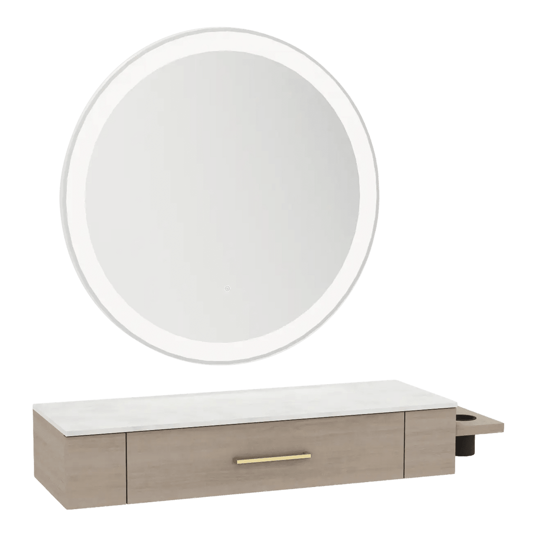 Nova Wall Mount Styling Station with Side-Mount Appliance Holder, Solid Surface Countertop, and Silver Round Glo Mirror - Kaemark