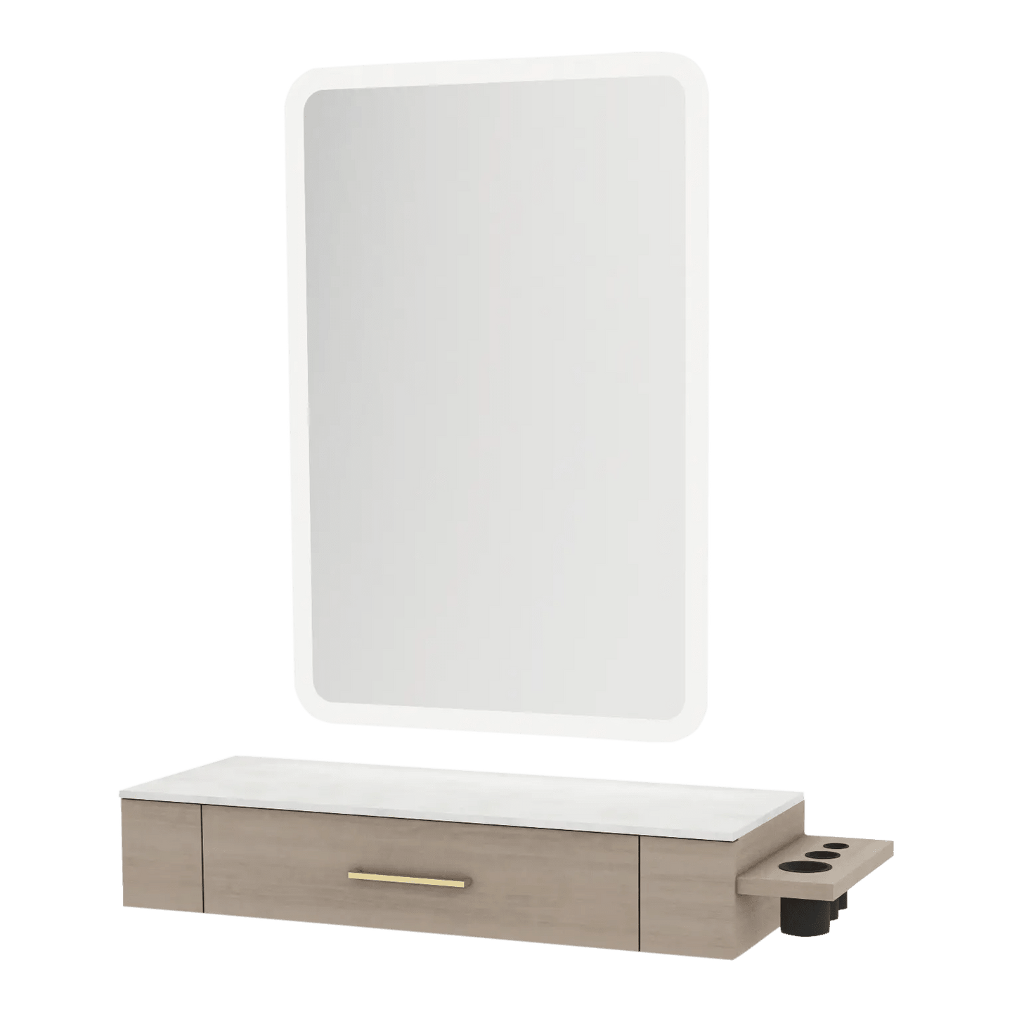 Nova Wall Mount Styling Station with Side-Mount Appliance Holder, Solid Surface Countertop and Illuminate LED Mirror - Kaemark