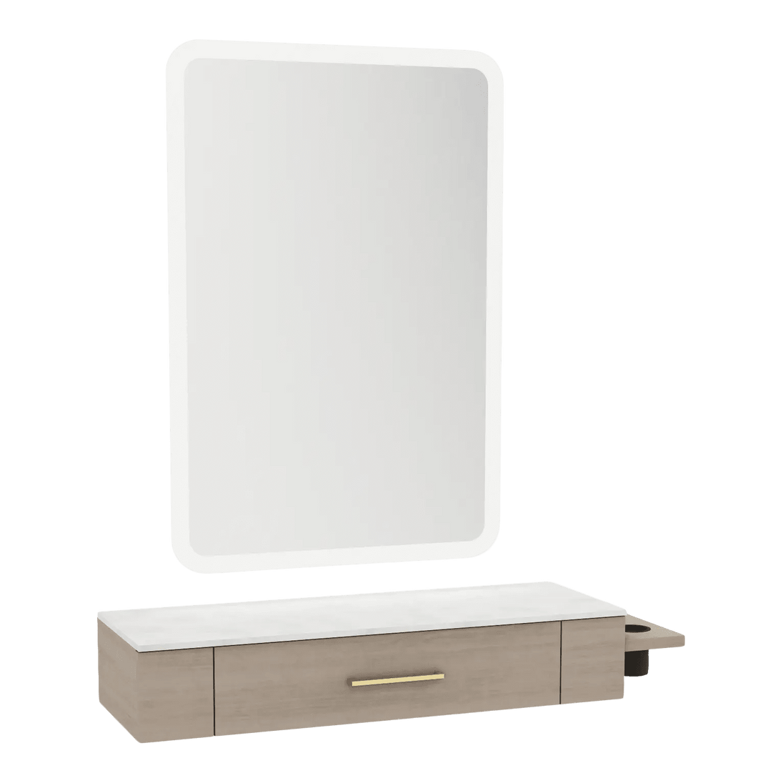 Nova Wall Mount Styling Station with Side-Mount Appliance Holder, Solid Surface Countertop and Illuminate LED Mirror - Kaemark