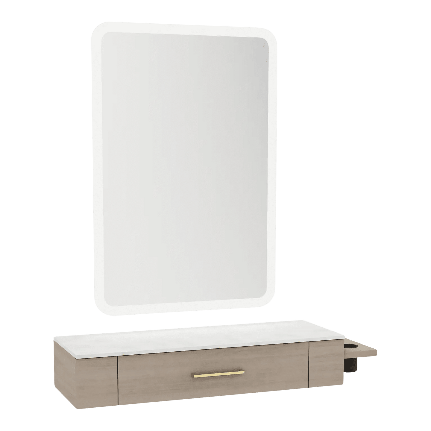 Nova Wall Mount Styling Station with Side-Mount Appliance Holder, Solid Surface Countertop and Illuminate LED Mirror - Kaemark