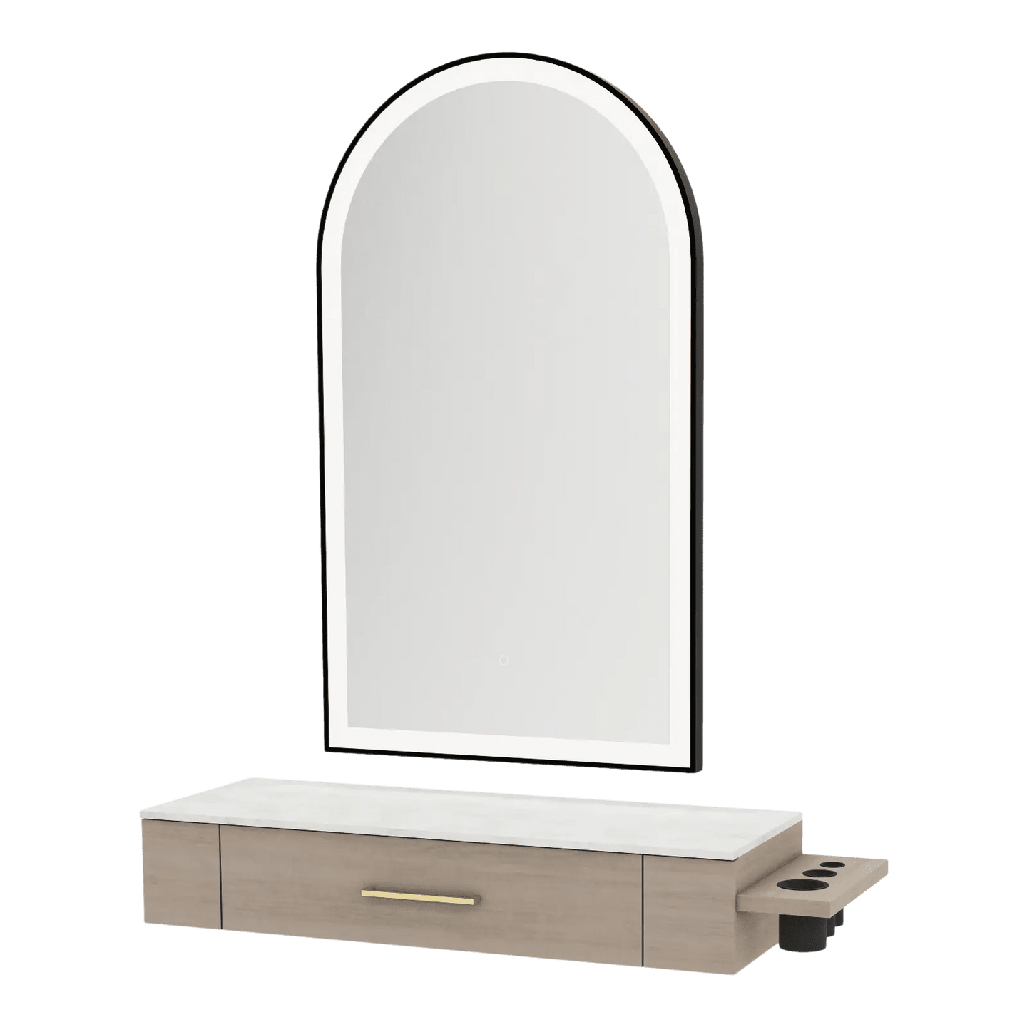 Nova Wall Mount Styling Station with Side-Mount Appliance Holder, Solid Surface Countertop, and Black Arch Paloma Mirror - Kaemark