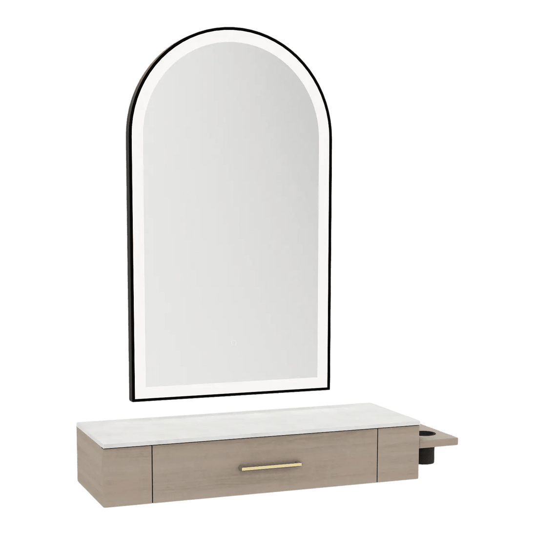 Nova Wall Mount Styling Station with Side-Mount Appliance Holder, Solid Surface Countertop, and Black Arch Paloma Mirror - Kaemark