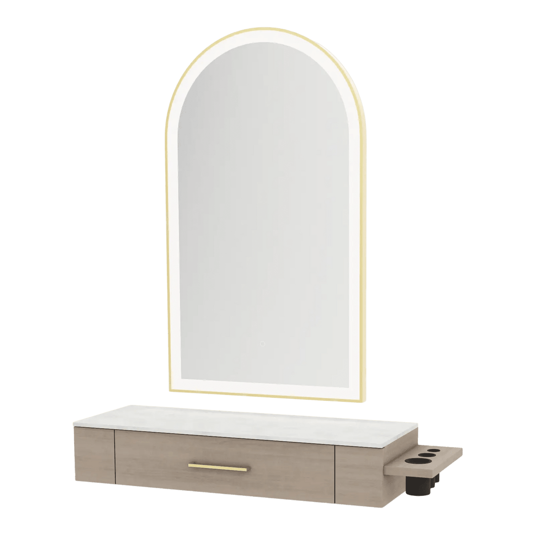 Nova Wall Mount Styling Station with Side-Mount Appliance Holder, Solid Surface Countertop and Gold Paloma Arch Mirror - Kaemark