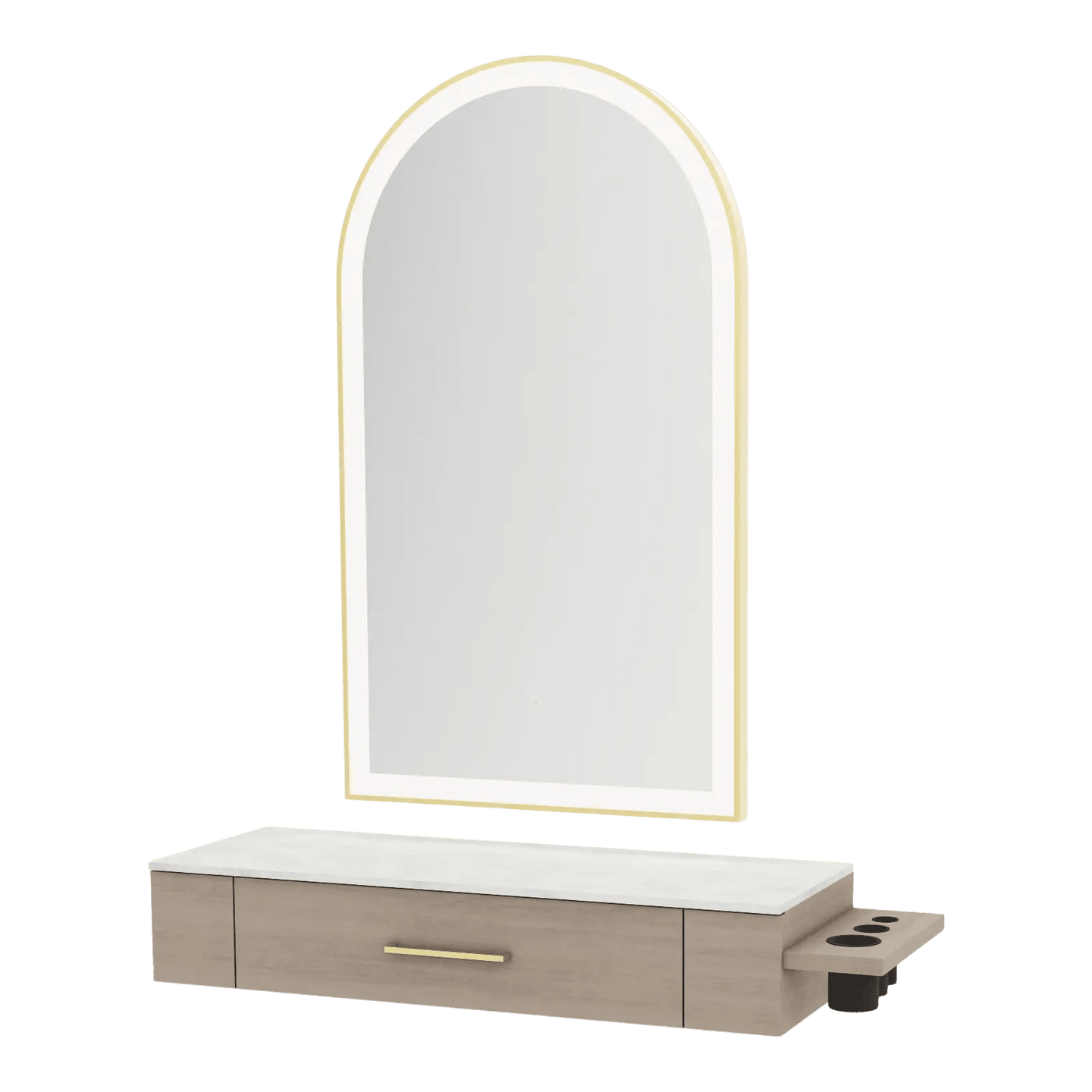 Nova Wall Mount Styling Station with Side-Mount Appliance Holder, Solid Surface Countertop and Gold Paloma Arch Mirror - Kaemark