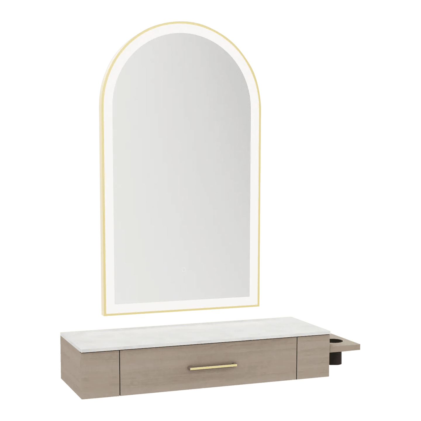 Nova Wall Mount Styling Station with Side-Mount Appliance Holder, Solid Surface Countertop and Gold Paloma Arch Mirror - Kaemark