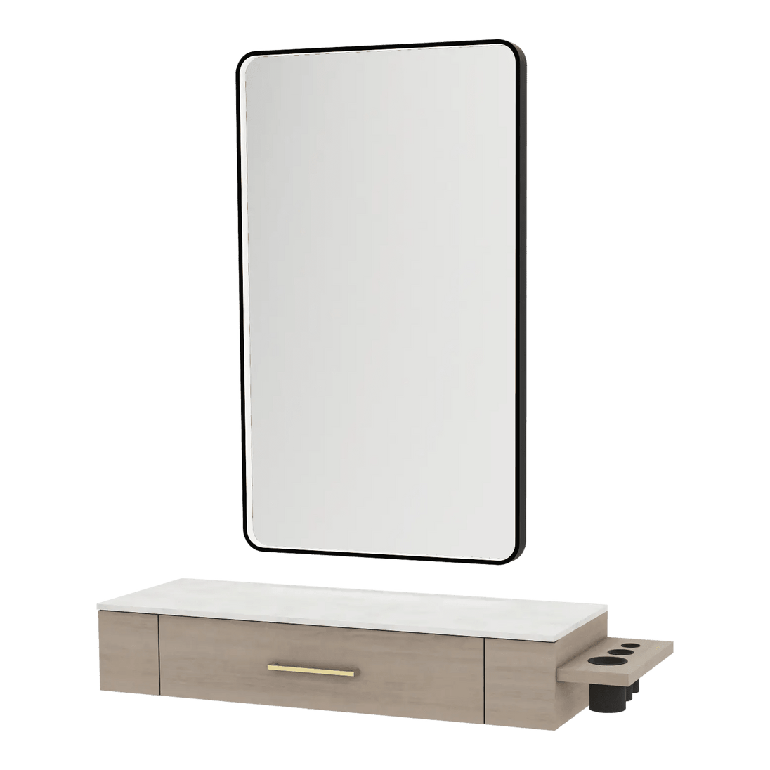 Nova Wall Mount Styling Station with Side-Mount Appliance Holder, Solid Surface Countertop, and Black Rectangle Westin Mirror - Kaemark