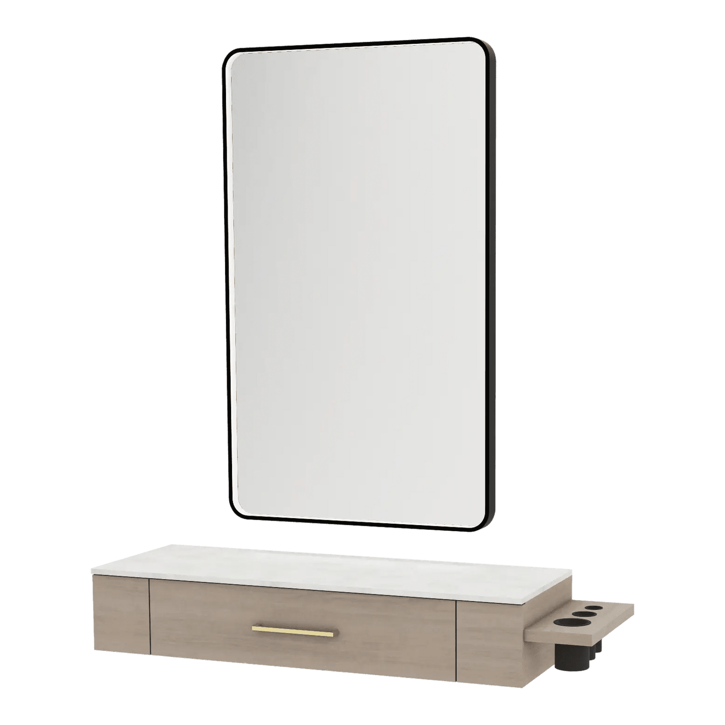 Nova Wall Mount Styling Station with Side-Mount Appliance Holder, Solid Surface Countertop, and Black Rectangle Westin Mirror - Kaemark