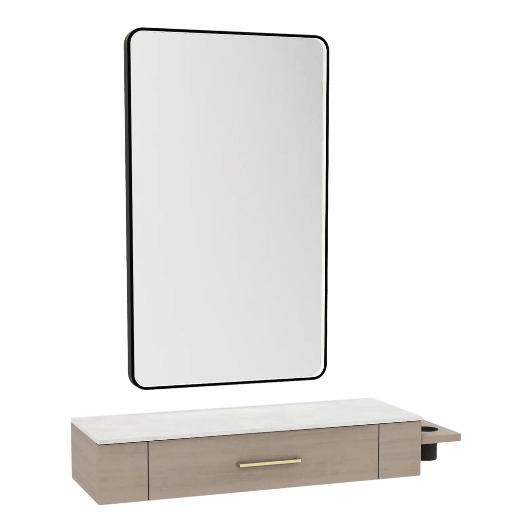 Nova Wall Mount Styling Station with Side-Mount Appliance Holder, Solid Surface Countertop, and Black Rectangle Westin Mirror - Kaemark