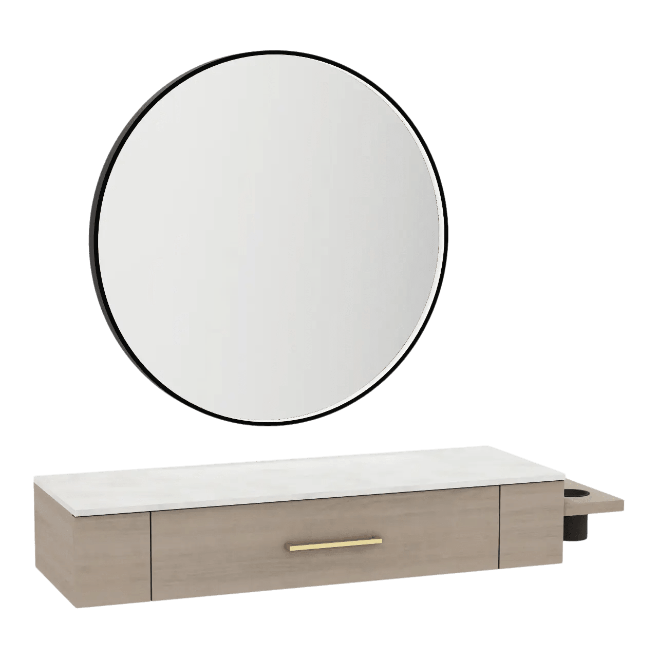 Nova Wall Mount Styling Station with Side-Mount Appliance Holder, Solid Surface Countertop, and Black Round Westin Mirror - Kaemark