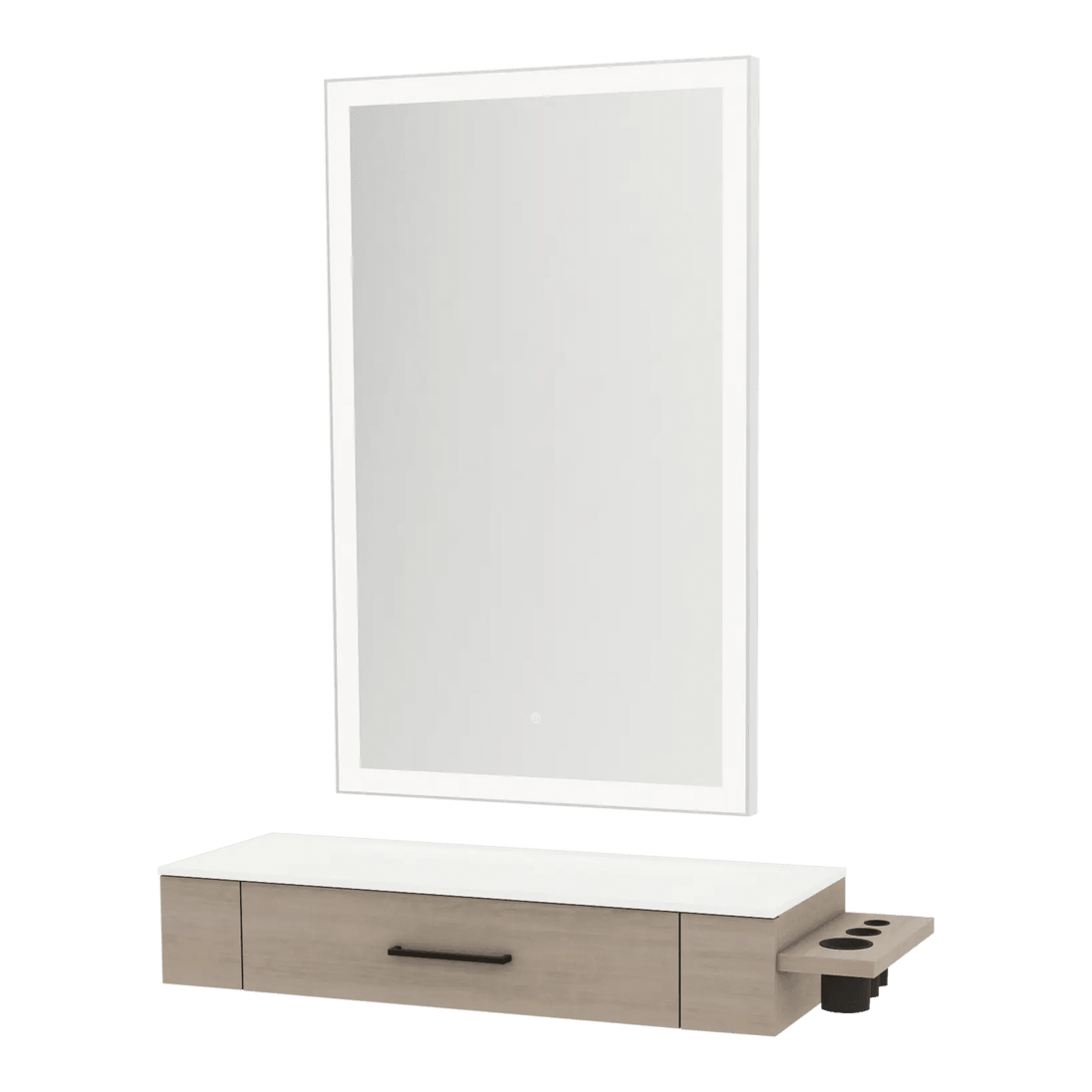 Nova Wall Mount Styling Station with Side-Mount Appliance Holder, Solid Surface Countertop and Silver Rectangle Glo Mirror - Kaemark