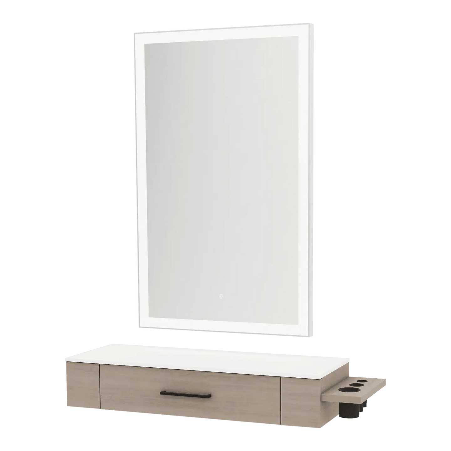 Nova Wall Mount Styling Station with Side-Mount Appliance Holder, Solid Surface Countertop and Silver Rectangle Glo Mirror - Kaemark