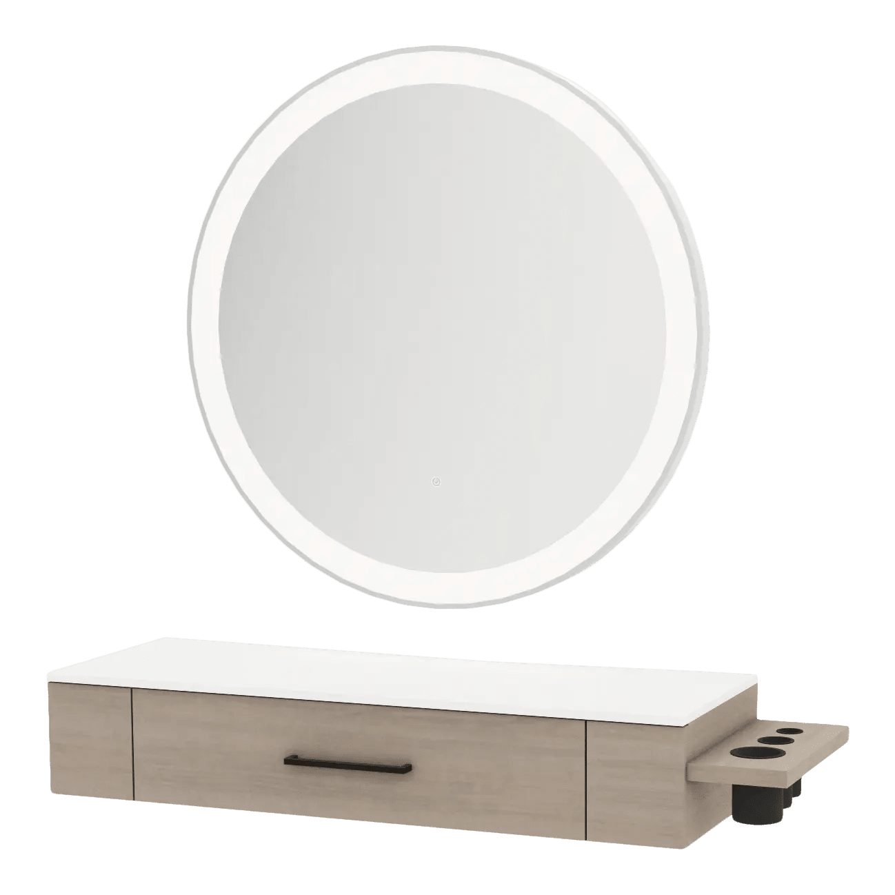 Nova Wall Mount Styling Station with Side-Mount Appliance Holder, Solid Surface Countertop, and Silver Round Glo Mirror - Kaemark