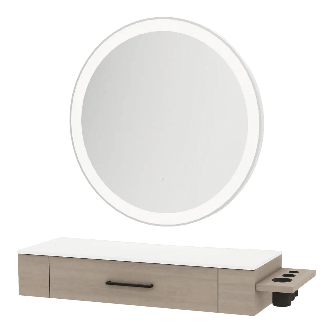 Nova Wall Mount Styling Station with Side-Mount Appliance Holder, Solid Surface Countertop, and Silver Round Glo Mirror - Kaemark