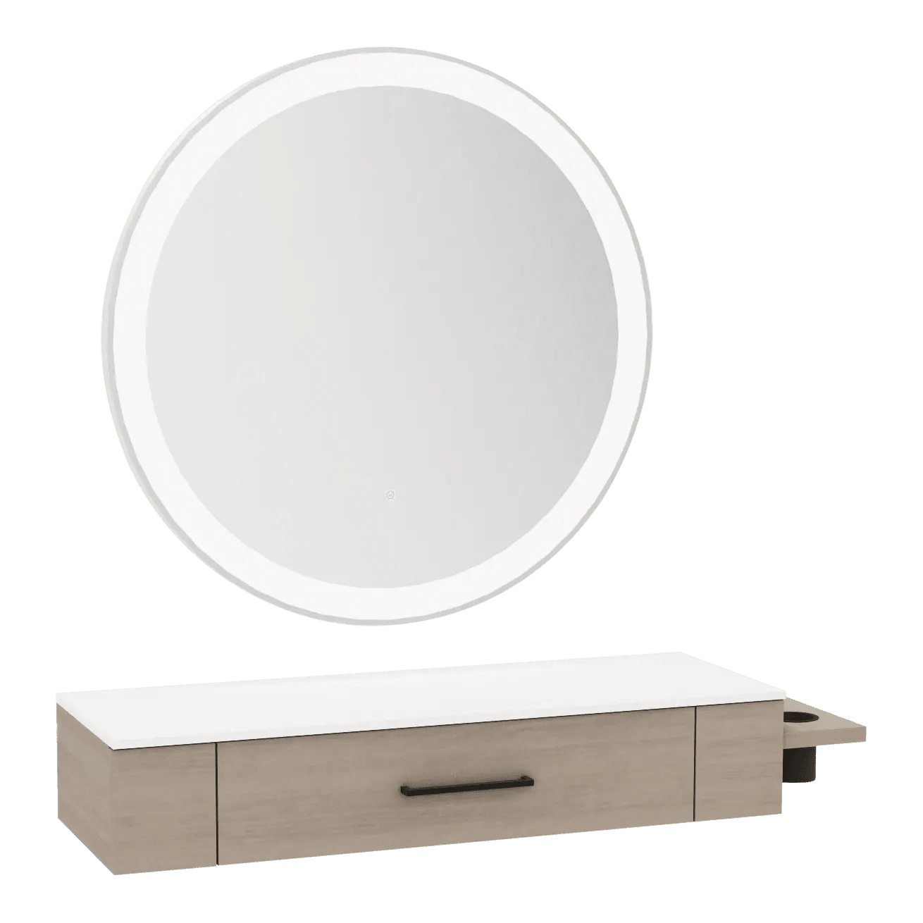 Nova Wall Mount Styling Station with Side-Mount Appliance Holder, Solid Surface Countertop, and Silver Round Glo Mirror - Kaemark