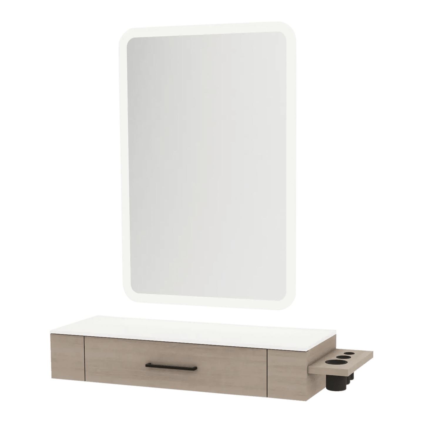Nova Wall Mount Styling Station with Side-Mount Appliance Holder, Solid Surface Countertop and Illuminate LED Mirror - Kaemark
