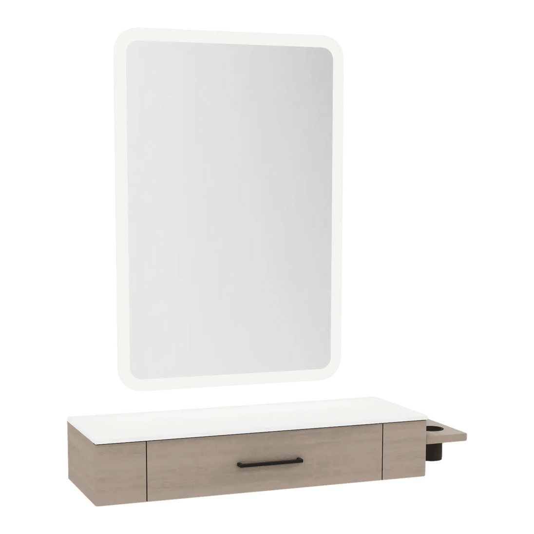 Nova Wall Mount Styling Station with Side-Mount Appliance Holder, Solid Surface Countertop and Illuminate LED Mirror - Kaemark