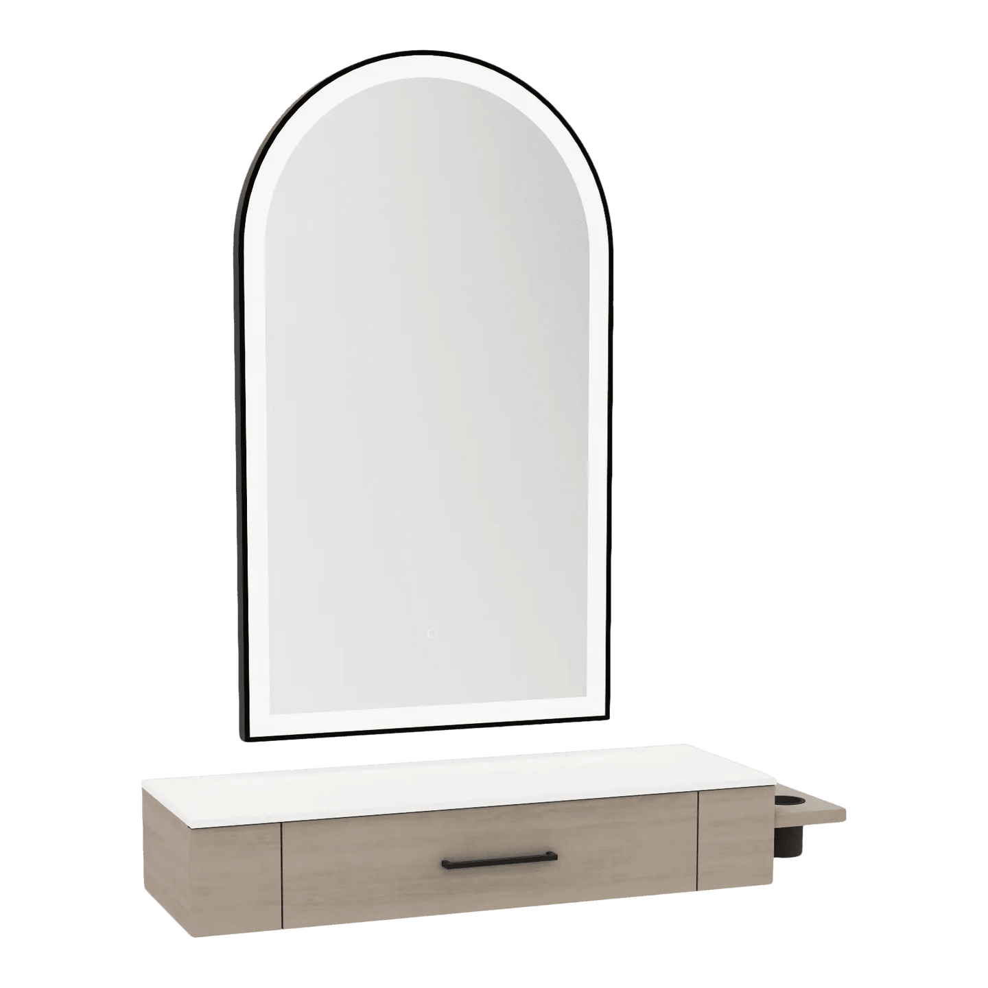 Nova Wall Mount Styling Station with Side-Mount Appliance Holder, Solid Surface Countertop, and Black Arch Paloma Mirror - Kaemark