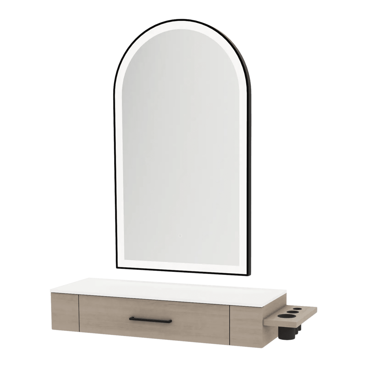 Nova Wall Mount Styling Station with Side-Mount Appliance Holder, Solid Surface Countertop, and Black Arch Paloma Mirror - Kaemark