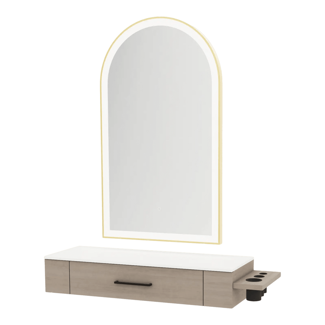 Nova Wall Mount Styling Station with Side-Mount Appliance Holder, Solid Surface Countertop and Gold Paloma Arch Mirror - Kaemark