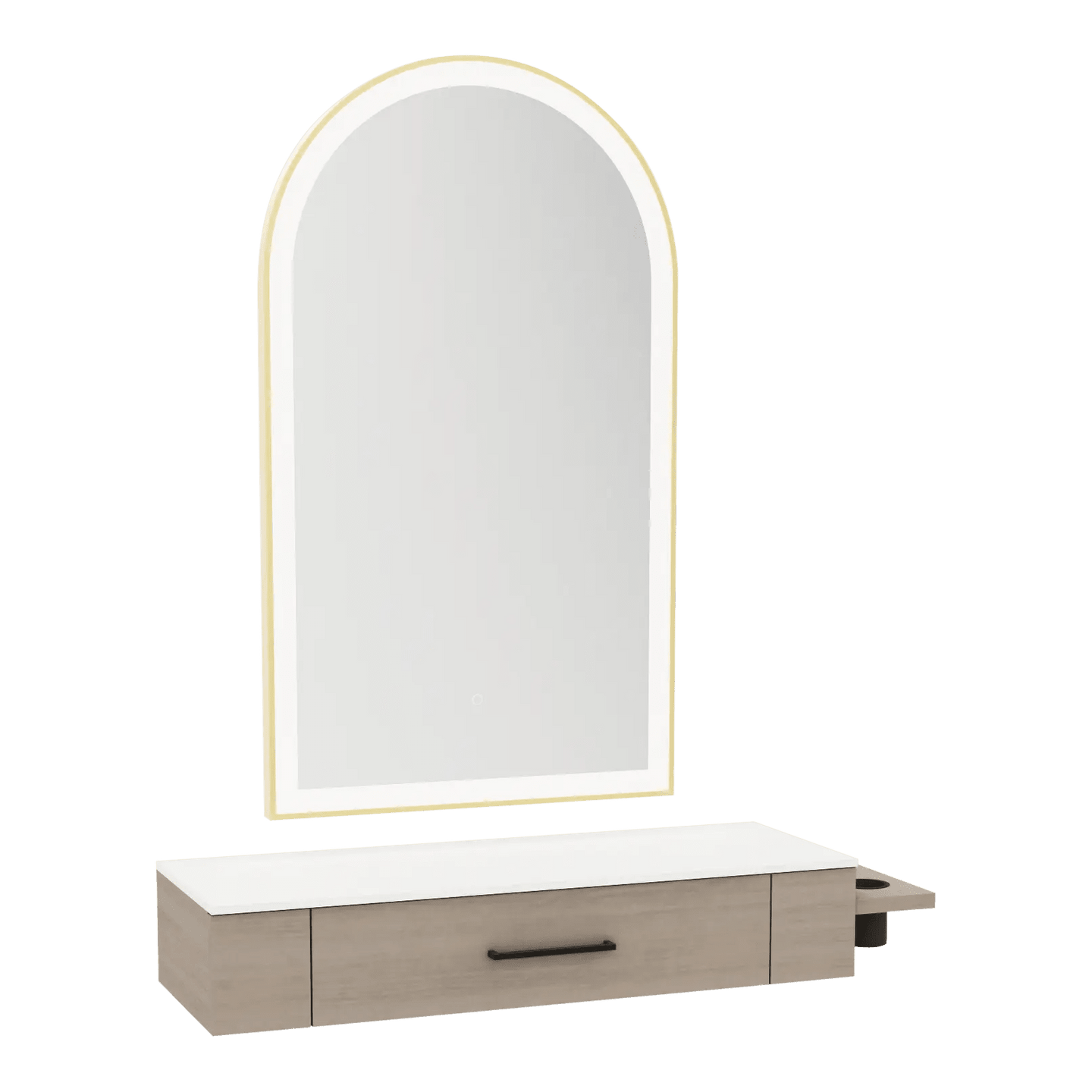Nova Wall Mount Styling Station with Side-Mount Appliance Holder, Solid Surface Countertop and Gold Paloma Arch Mirror - Kaemark