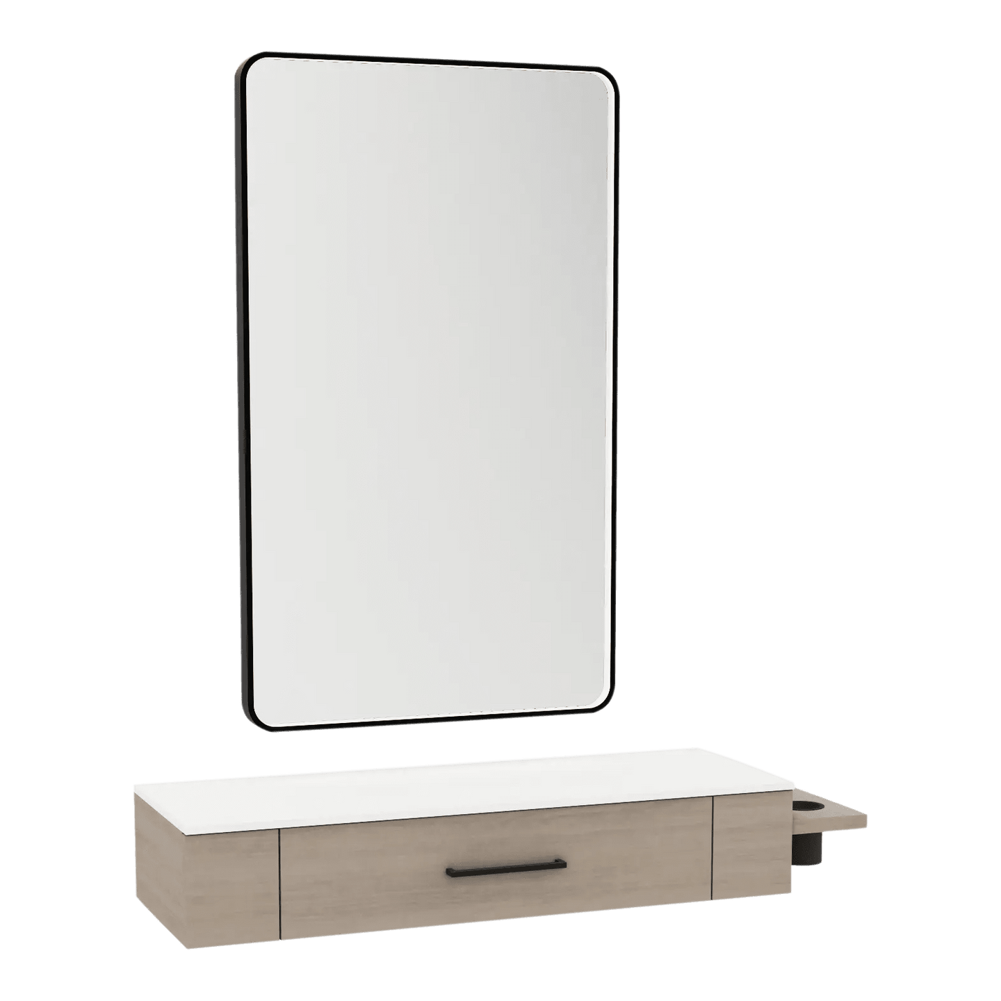 Nova Wall Mount Styling Station with Side-Mount Appliance Holder, Solid Surface Countertop, and Black Rectangle Westin Mirror - Kaemark