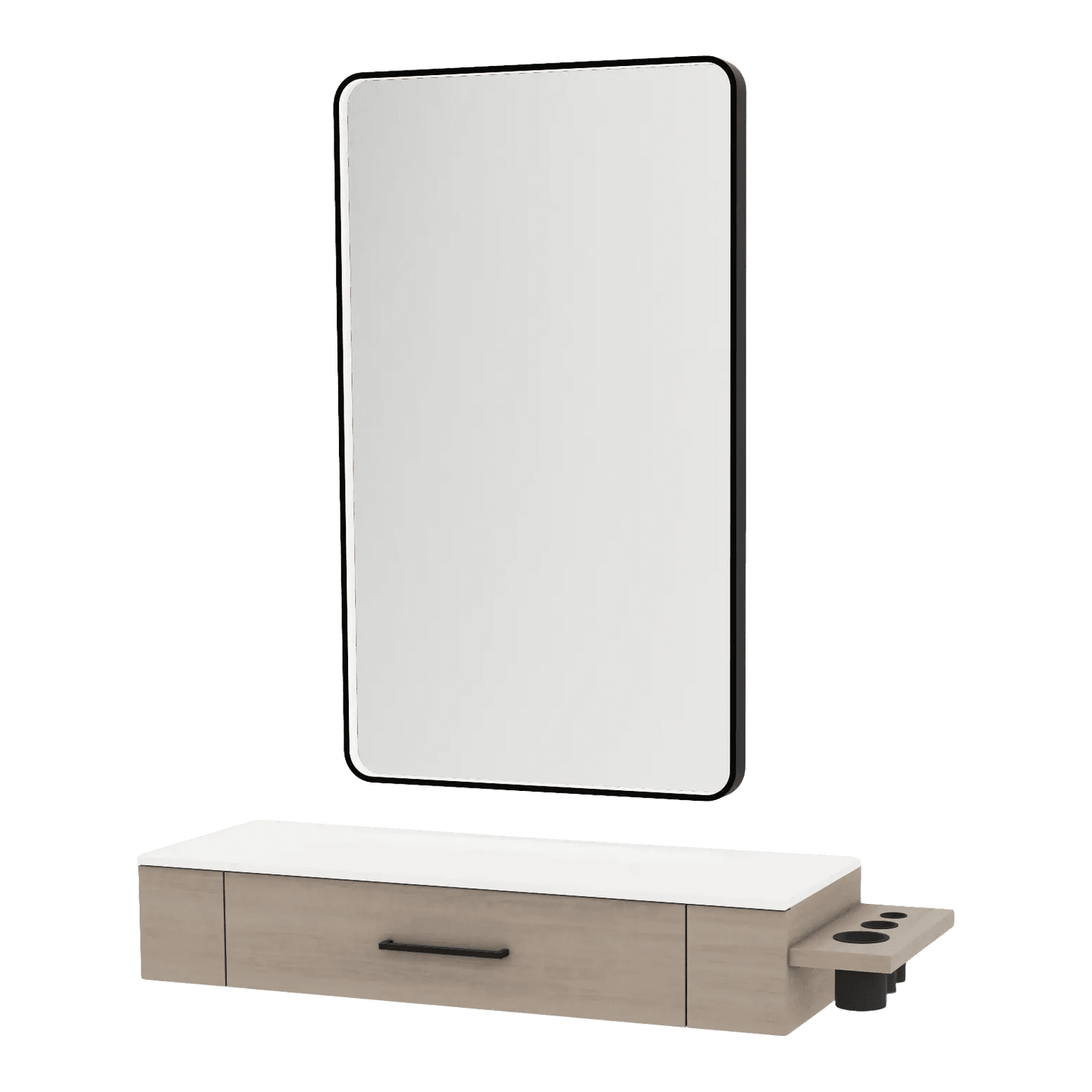 Nova Wall Mount Styling Station with Side-Mount Appliance Holder, Solid Surface Countertop, and Black Rectangle Westin Mirror - Kaemark