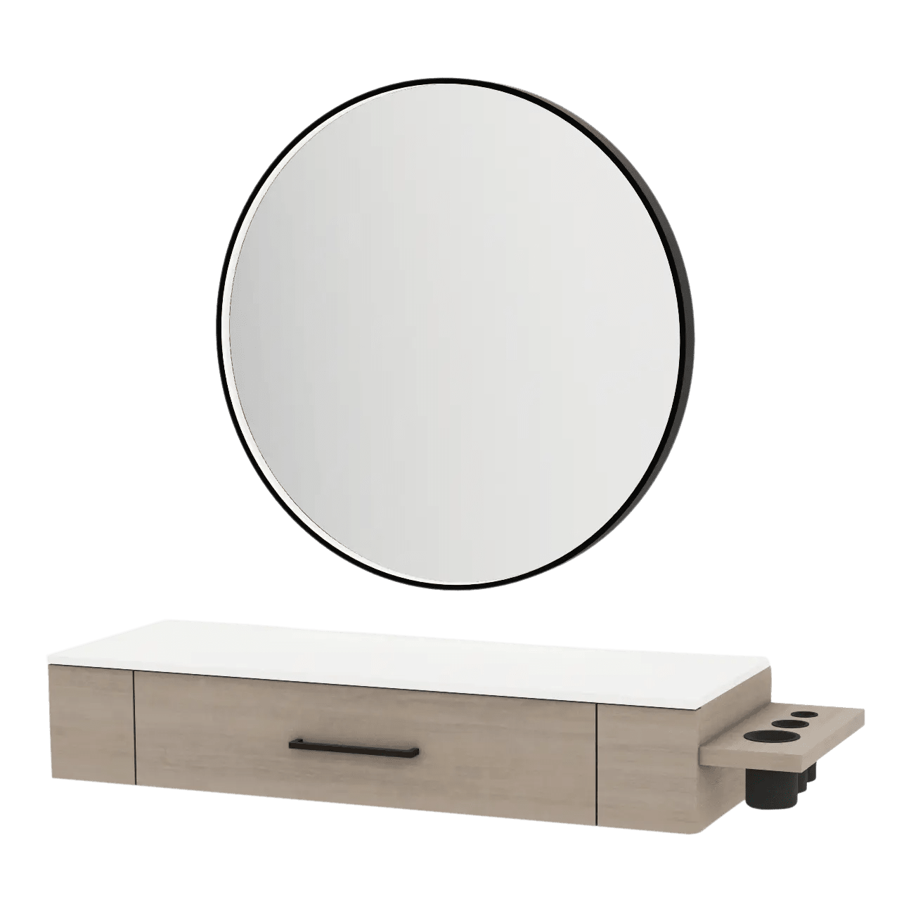 Nova Wall Mount Styling Station with Side-Mount Appliance Holder, Solid Surface Countertop, and Black Round Westin Mirror - Kaemark