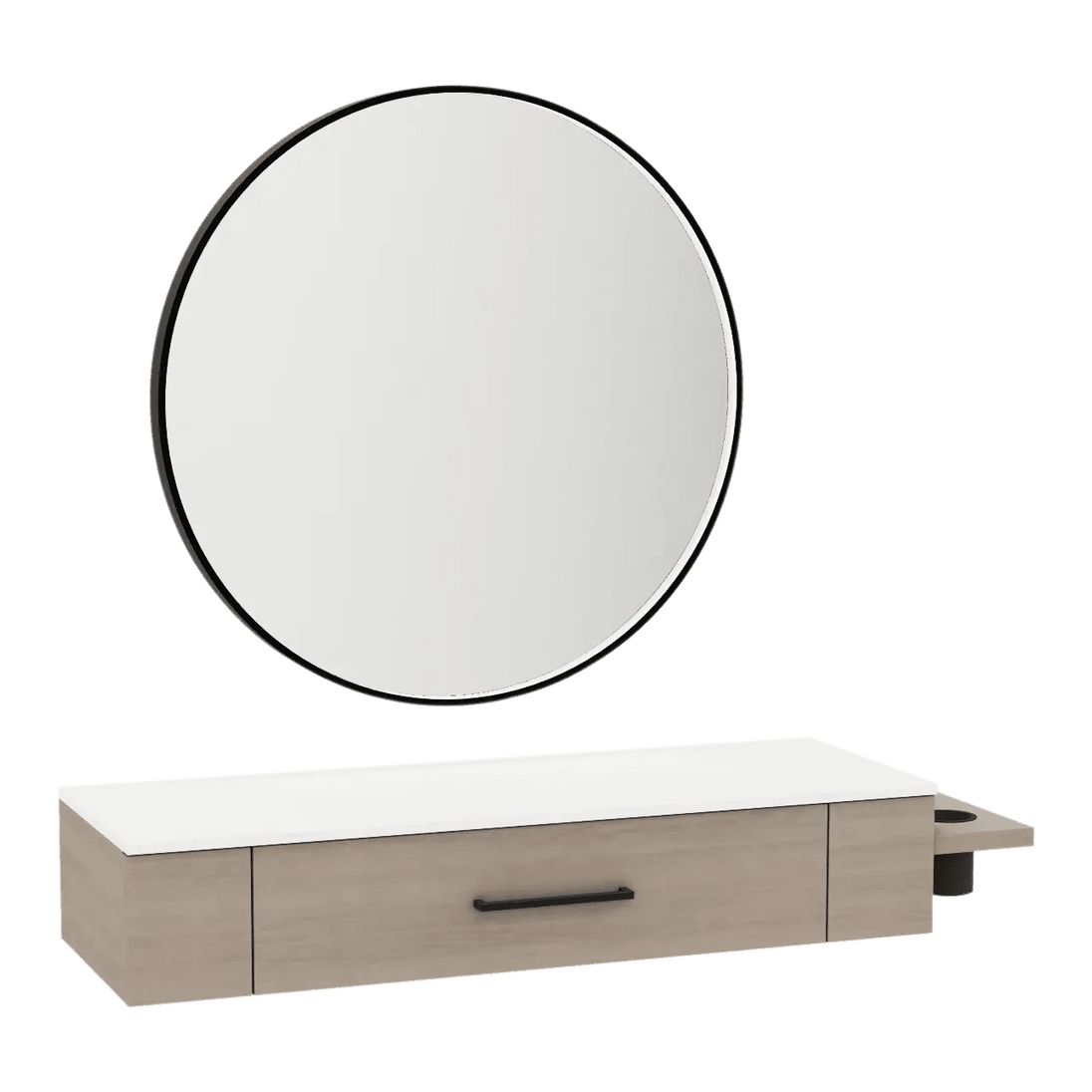Nova Wall Mount Styling Station with Side-Mount Appliance Holder, Solid Surface Countertop, and Black Round Westin Mirror - Kaemark