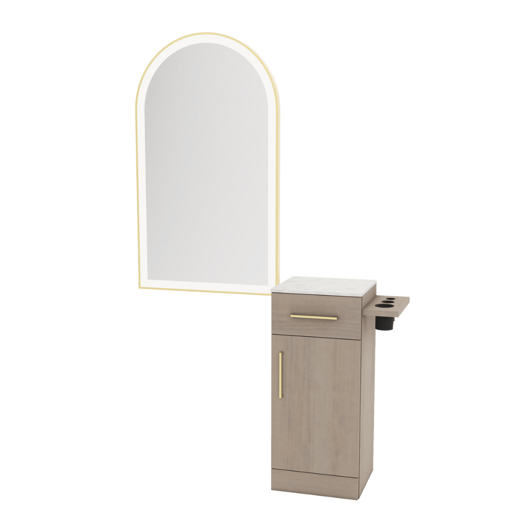 Nova Tower Free Standing Styling Station with Side-Mount Appliance Holder, Solid Surface Countertop, and Gold Arch Paloma Mirror - Kaemark