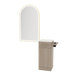 Nova Tower Free Standing Styling Station with Side-Mount Appliance Holder, Solid Surface Countertop, and Gold Arch Paloma Mirror - Kaemark
