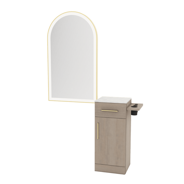Nova Tower Free Standing Styling Station with Side-Mount Appliance Holder, Solid Surface Countertop, and Gold Arch Paloma Mirror - Kaemark