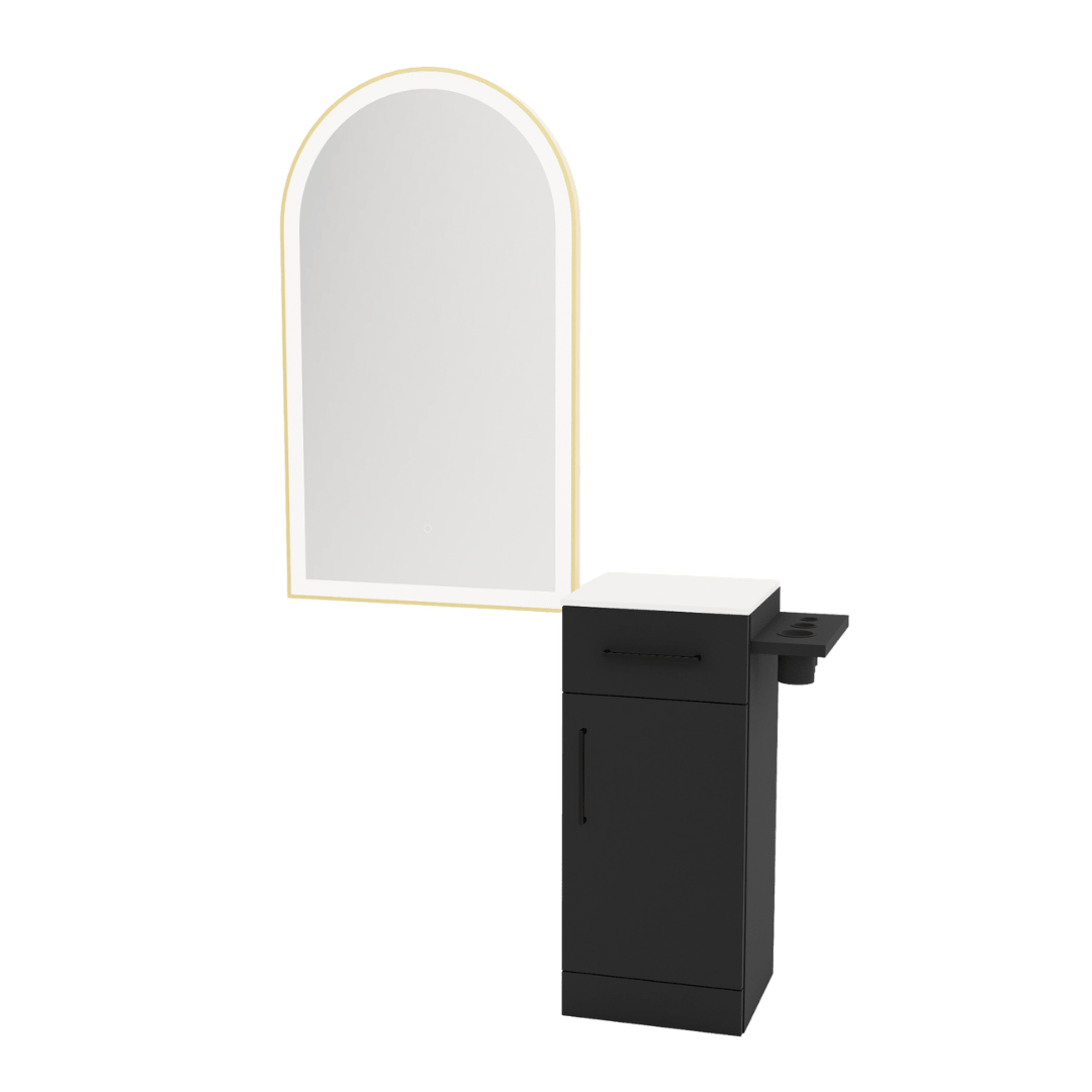 Nova Tower Free Standing Styling Station with Side-Mount Appliance Holder, Solid Surface Countertop, and Gold Arch Paloma Mirror - Kaemark