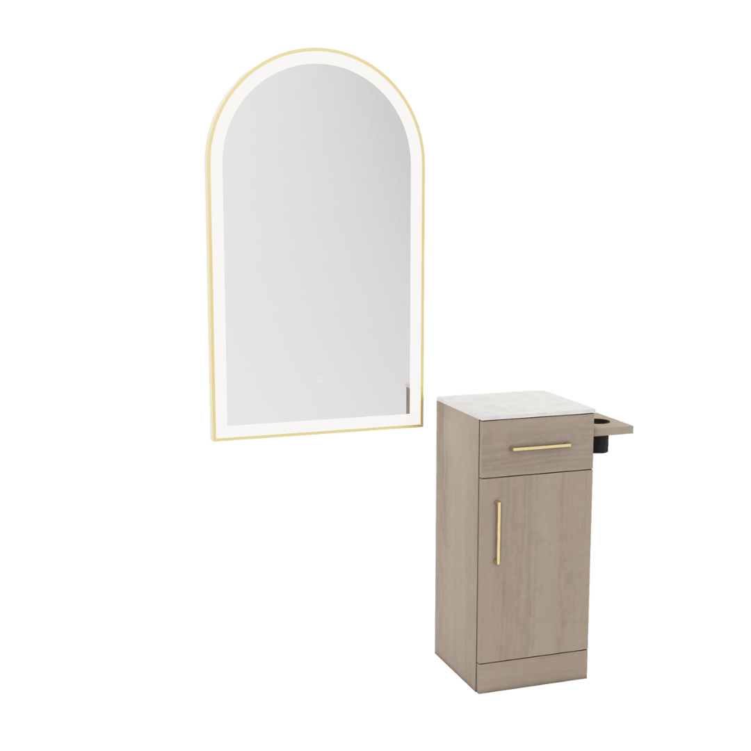 Nova Tower Free Standing Styling Station with Side-Mount Appliance Holder, Solid Surface Countertop, and Gold Arch Paloma Mirror - Kaemark