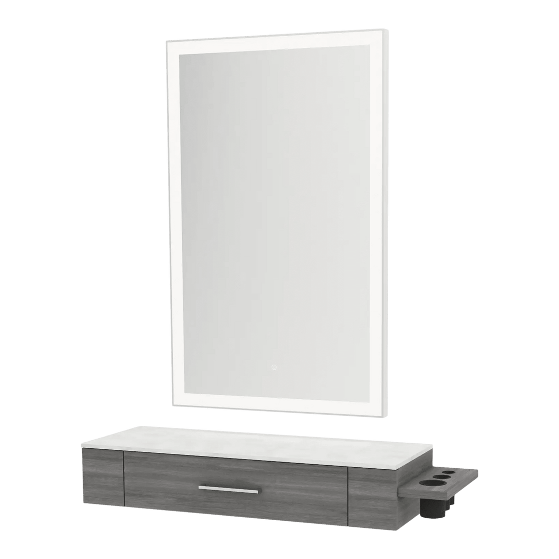Nova Wall Mount Styling Station with Side-Mount Appliance Holder, Solid Surface Countertop and Silver Rectangle Glo Mirror - Kaemark