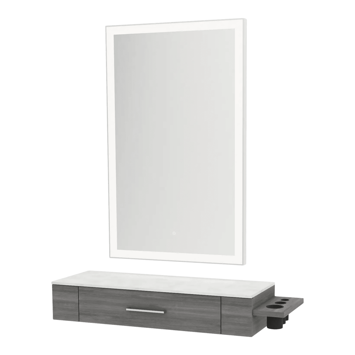 Nova Wall Mount Styling Station with Side-Mount Appliance Holder, Solid Surface Countertop and Silver Rectangle Glo Mirror - Kaemark