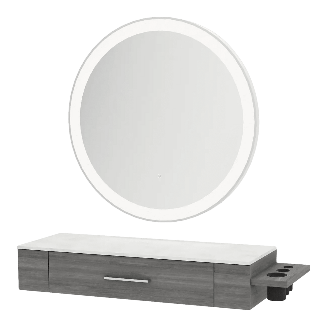 Nova Wall Mount Styling Station with Side-Mount Appliance Holder, Solid Surface Countertop, and Silver Round Glo Mirror - Kaemark
