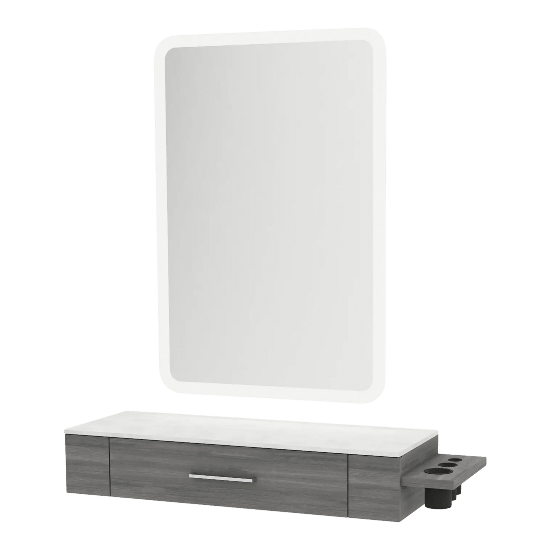Nova Wall Mount Styling Station with Side-Mount Appliance Holder, Solid Surface Countertop and Illuminate LED Mirror - Kaemark