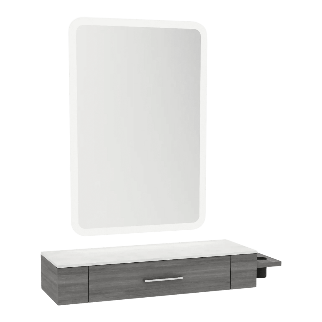 Nova Wall Mount Styling Station with Side-Mount Appliance Holder, Solid Surface Countertop and Illuminate LED Mirror - Kaemark